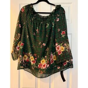 Signature Studio Green Plaid Floral Off-Shoulder Top. Size Large. NWT
